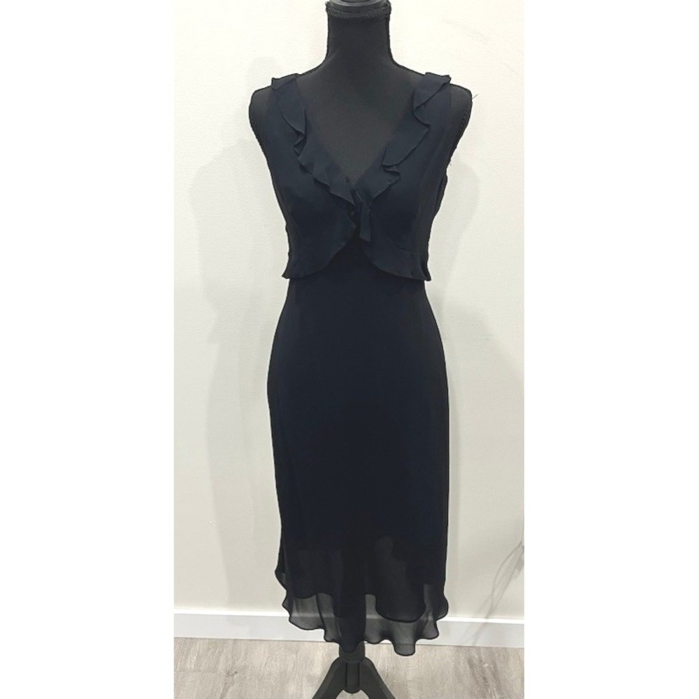 90s Ralph Ralph Lauren Ruffle Midi Dress Black Size 2 EUC Plaid Label Minimalist